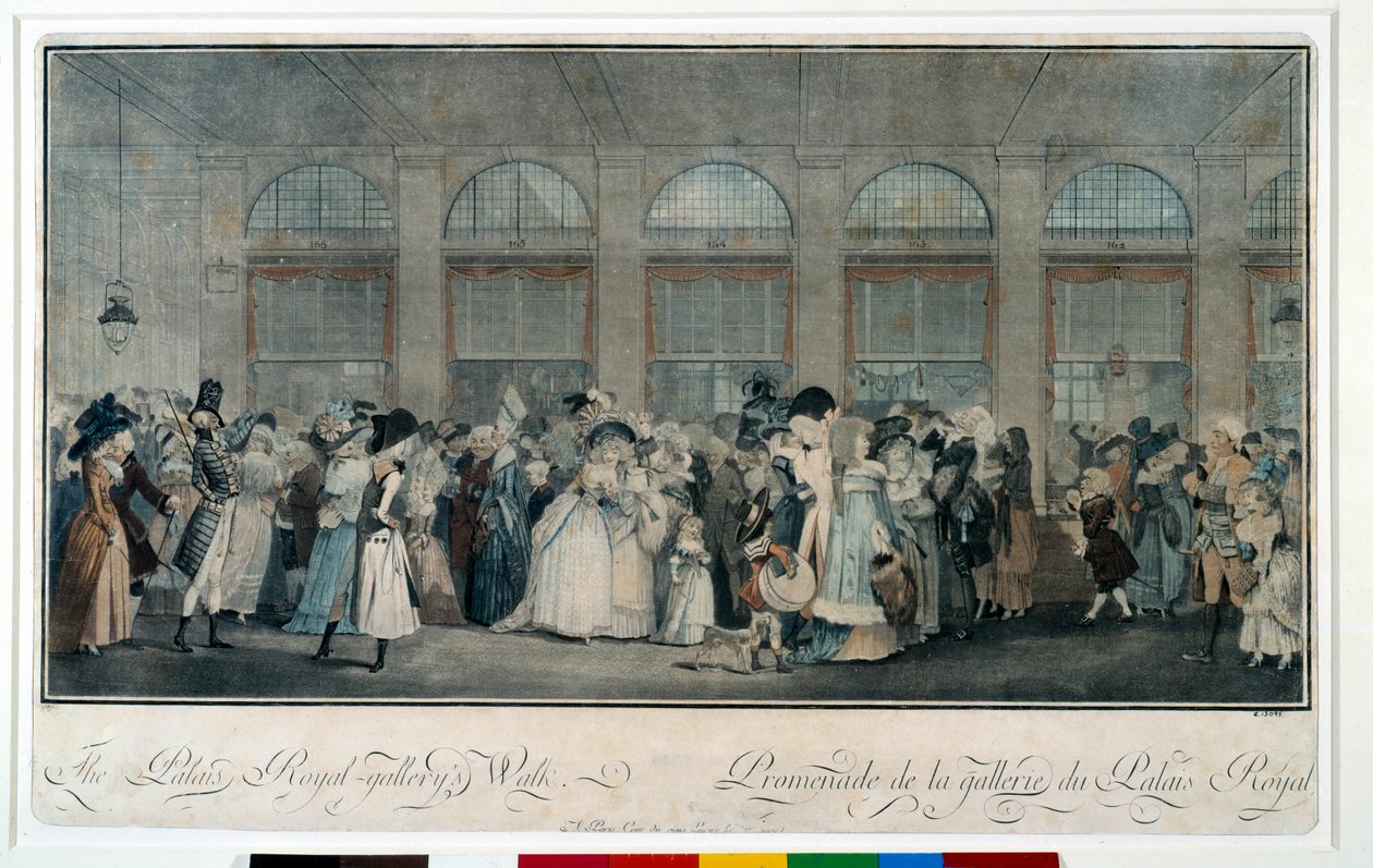 Gå gjennom galleriet til det kongelige palasset i 1787. Gravering av Louis Philibert Debucourt (1755 - 1832) av Philibert Louis Debucourt