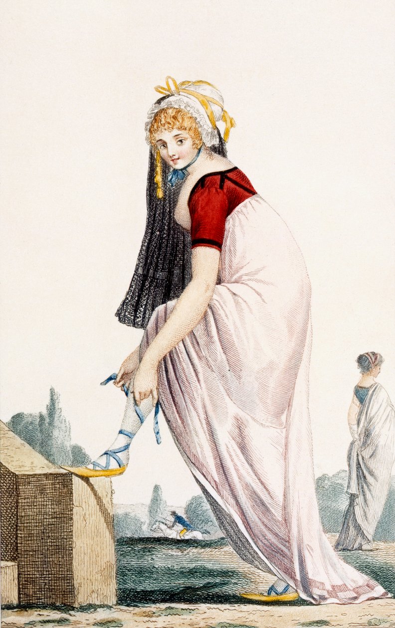 Ung dame i sommerantrekk i gresk stil, 1700, illustrasjon fra 'Modes et Manieres du Jour a Paris' av Philibert Louis Debucourt