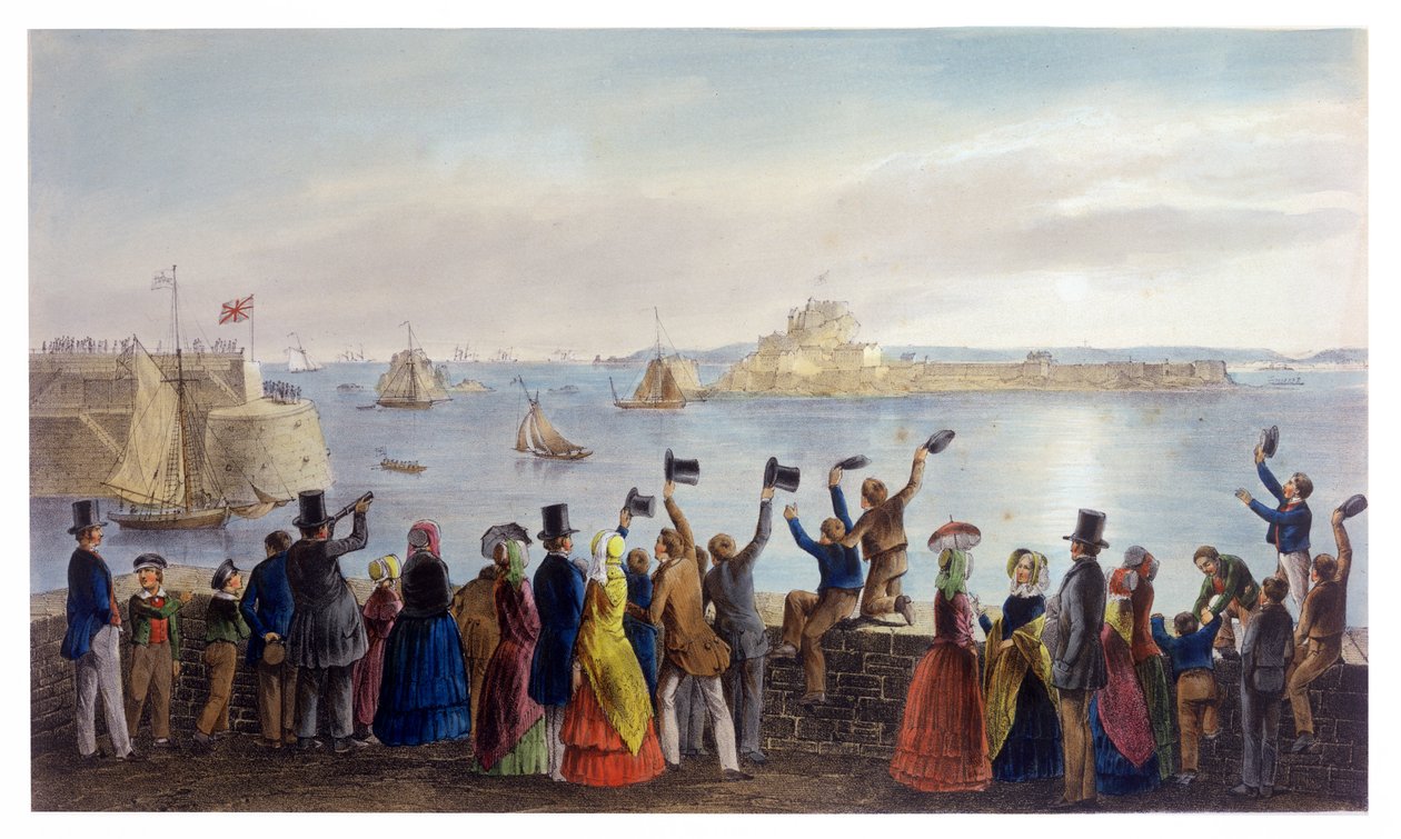 The Royal Squadron Entering St. Aubin's Bay, 2. september 1846, fra besøket til dronning Victoria i Jersey, gravert av H. Walter, 1847 av Philip John Ouless