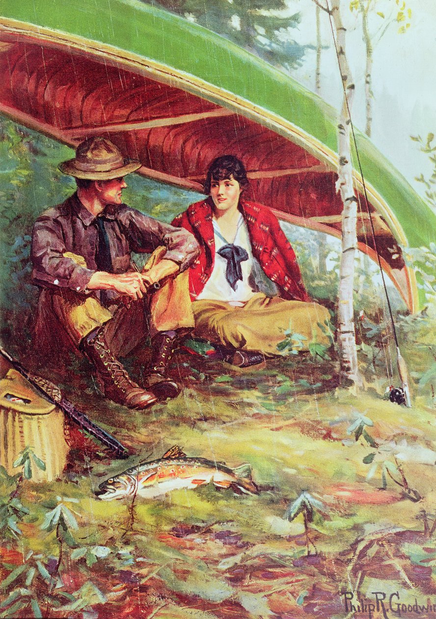 Par tar ly fra regnet under en båt av Philip Russell Goodwin