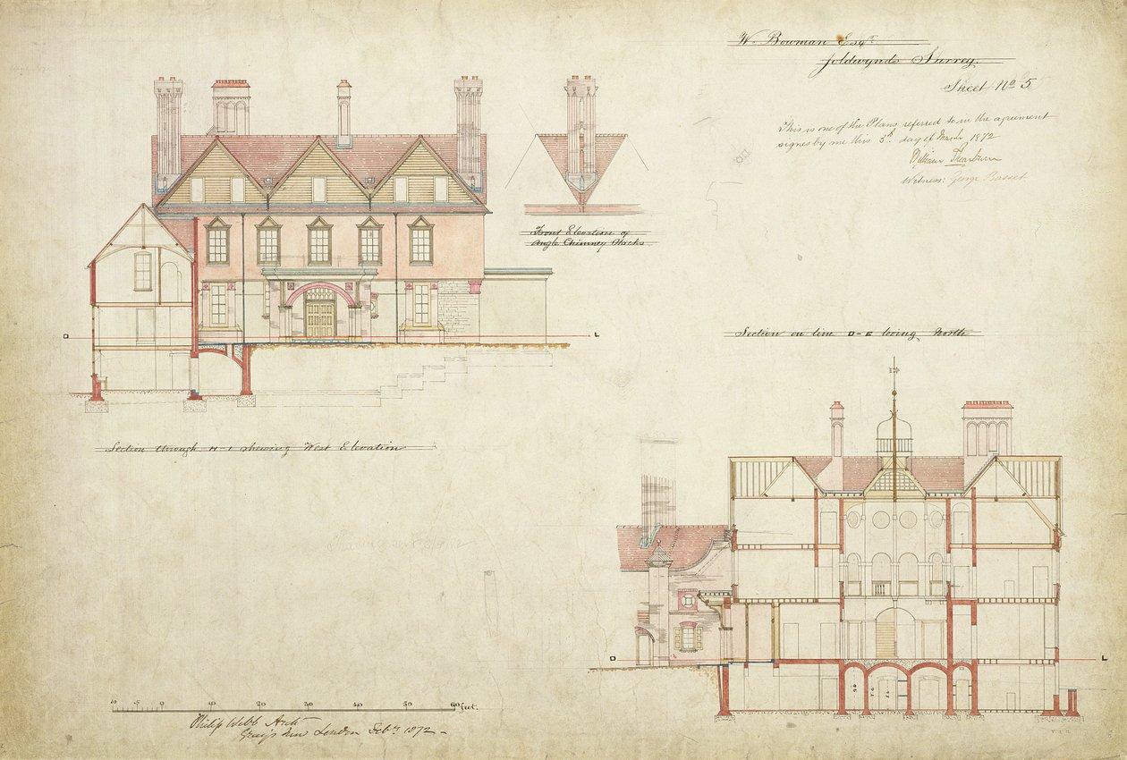 Design for Joldwyns, Surrey, 1872 (penn og blekk og wc på papir) av Philip Webb