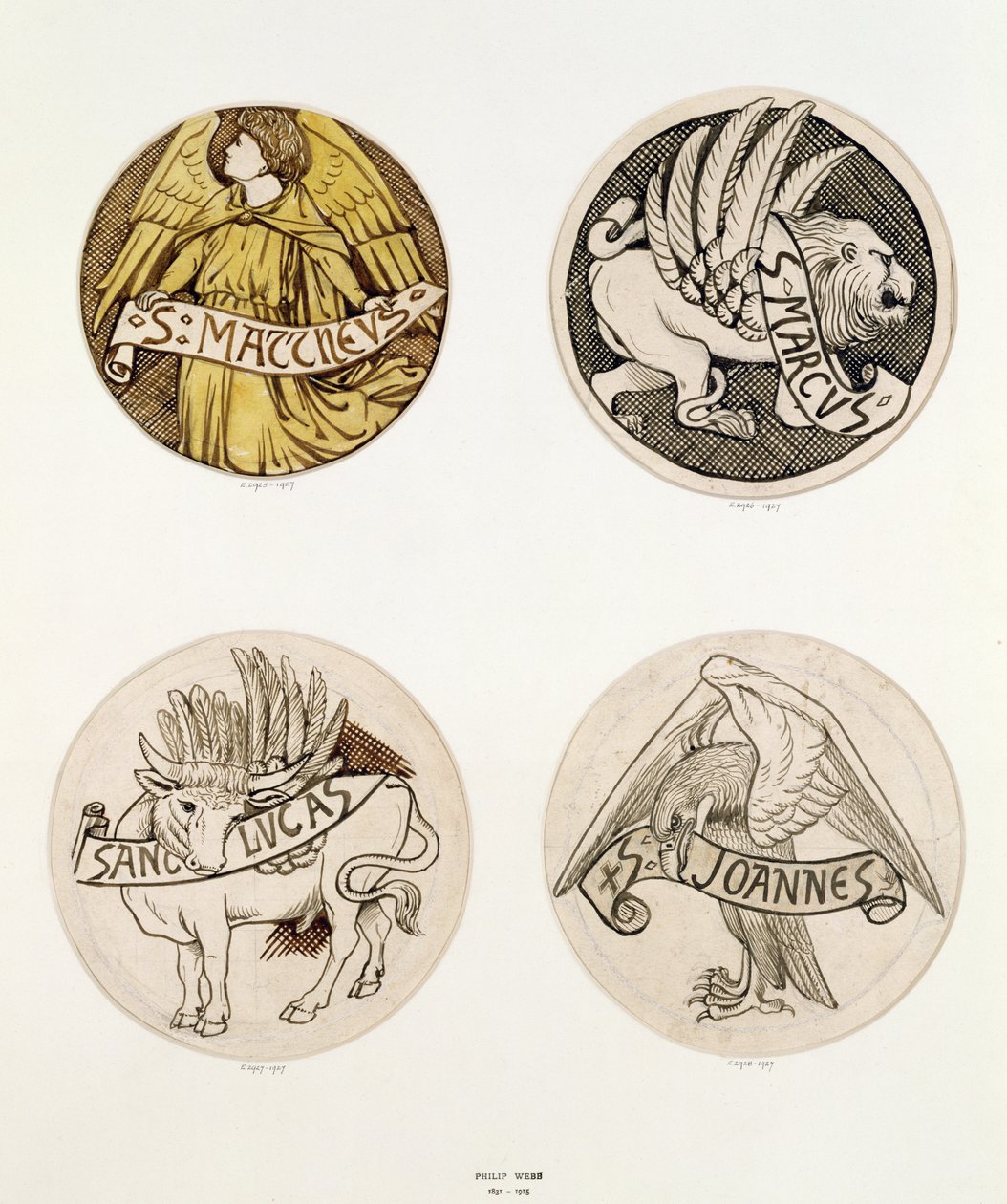 Symboler for evangelistene, design for farget glass (blekk på papir) av Philip Webb
