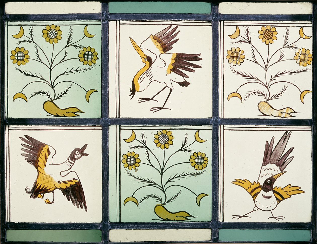 Vindu som viser fugler og blomster av Philip Webb