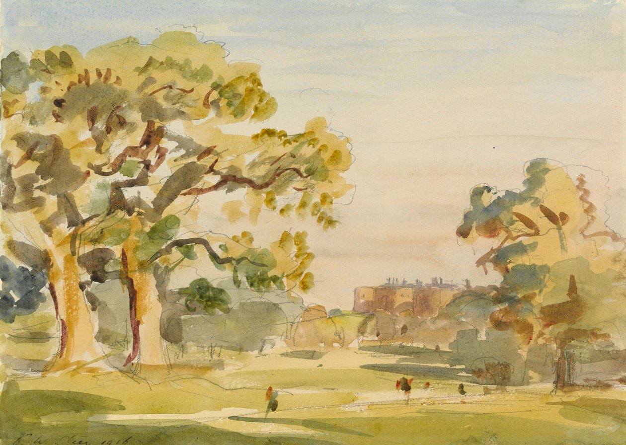 Utsikt over Chirk Castle, 1916 (grafitt og wc på papir) av Philip Wilson Steer