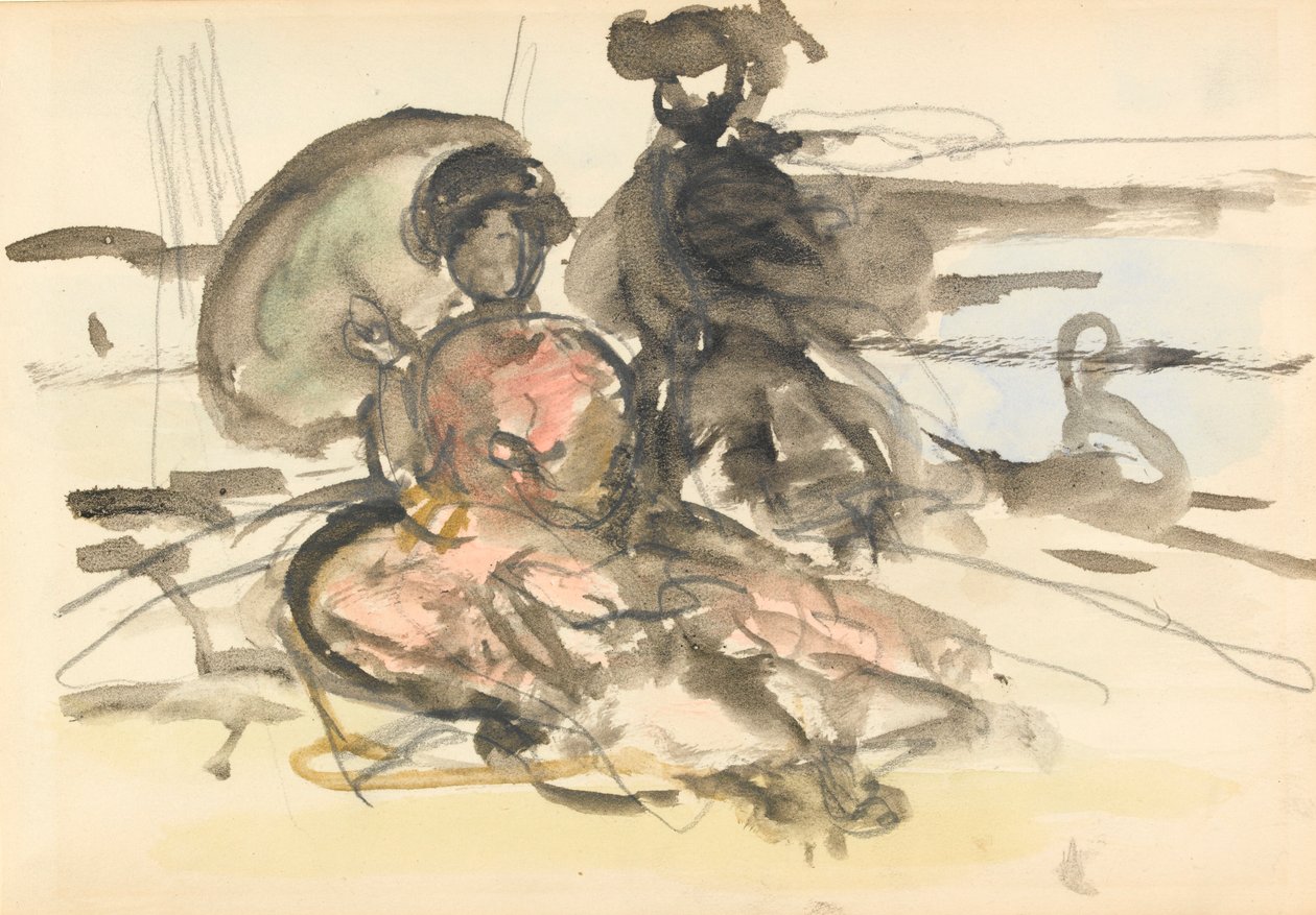 Figurstudie: to kvinner sittende på en elvebredd (grafitt og wc på papir) av Philip Wilson Steer