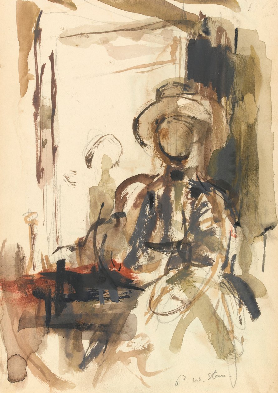 Sittende figur: kvinne sittende, iført hatt (grafitt og wc på papir) av Philip Wilson Steer