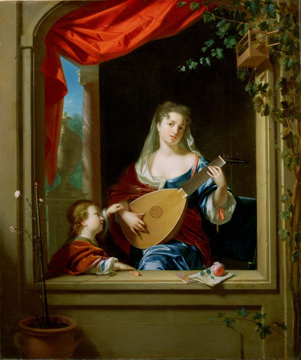 Elegant dame spiller lut ved et vindu (panel) av Philip van Dyck
