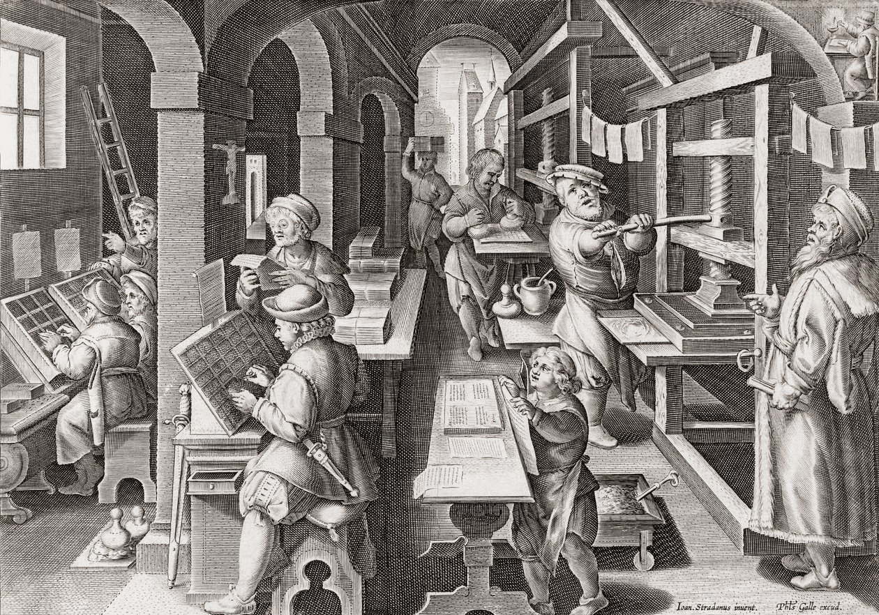 Et europeisk trykkeri rundt 1590 (gravering) av Philip (after) Galle