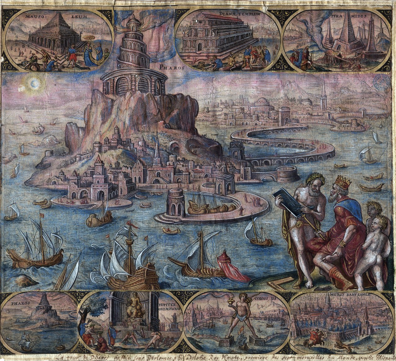Representasjon av antikkens syv underverker: Fyret i Alexandria (på Pharos-øya) i Alexandria, Egypt - Fyret i Alexandria (fra serien "Verdens åttende underverker") Etter Maarten van Heemskerck - Galle, Philip ( 1537-16 av Philip (after) Galle