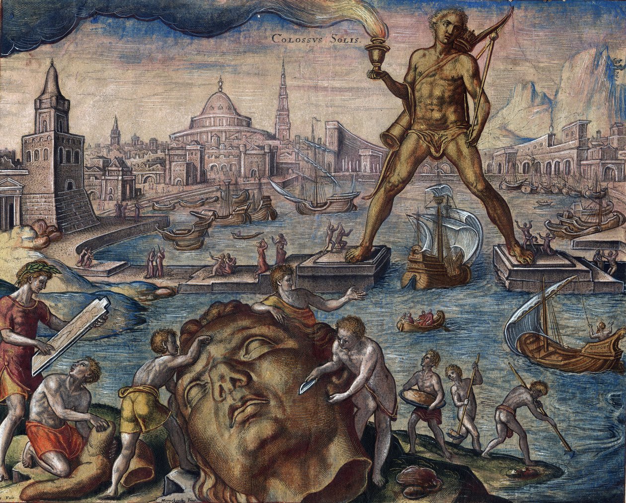 Sept merveilles du monde : ""Le colosse de Rhodes"" (Colosso di Rodi) - The Colossus of Rhodes (fra serien ""The Eightth Wonders of the World") Etter Maarten van Heemskerck - Galle, Philipp (1537-1612) ) - 1572 - Etsning, akvarell - Bibliotheque muni av Philip (after) Galle
