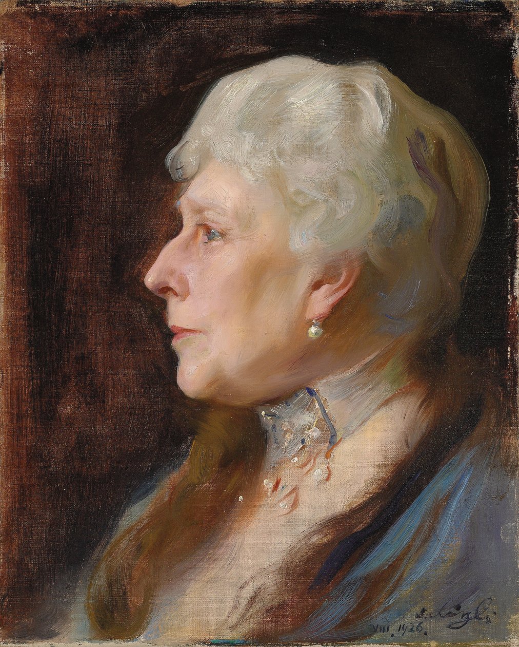 Portrett av prinsesse Henry av Battenberg, født prinsesse Beatrice av Storbritannia, i profil til venstre, iført choker og øredobber av Philip Alexius de Laszlo