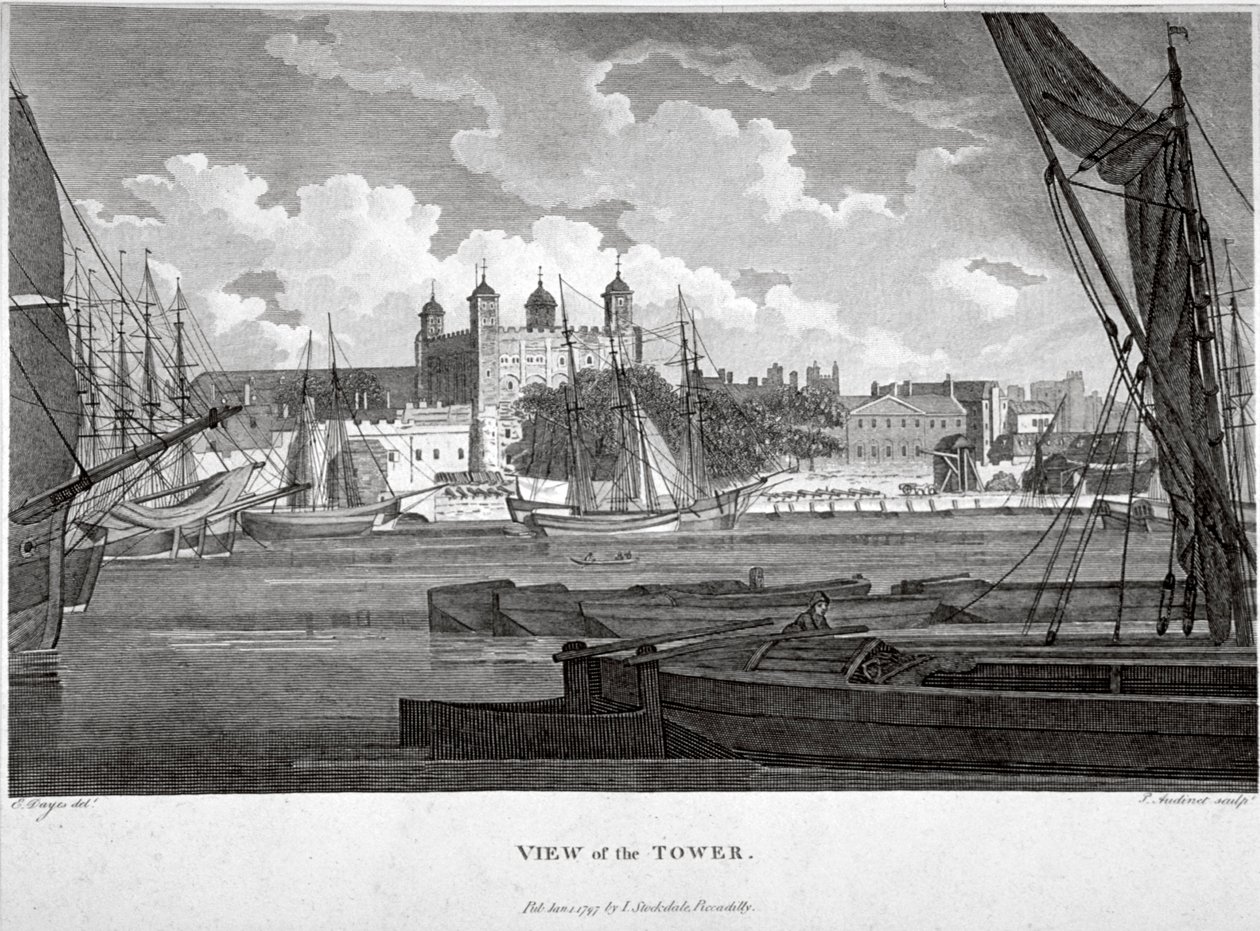 Utsikt over Tower of London med båter på Themsen, c1790 av Philip Audinet