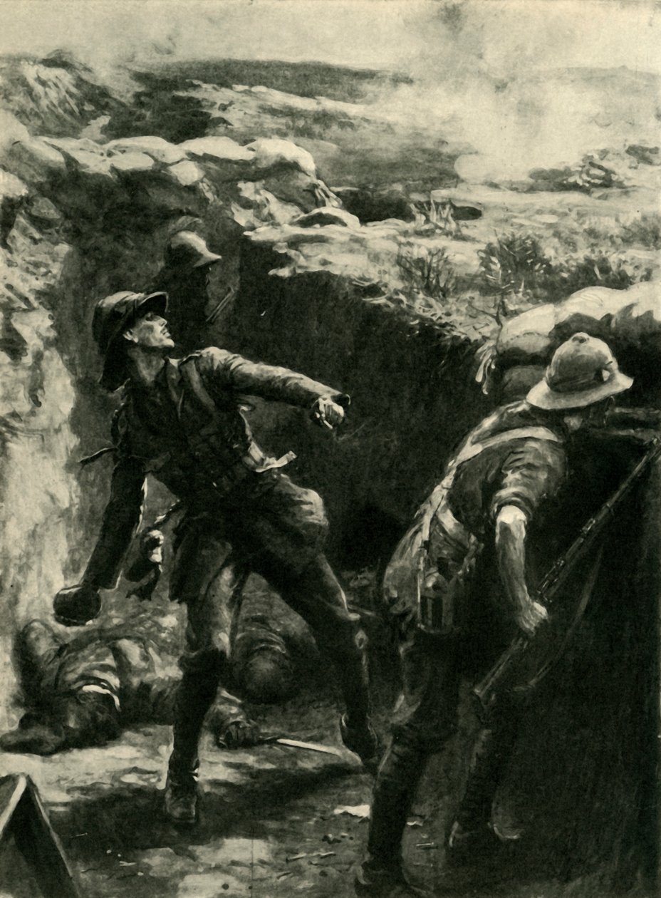 Løytnant Forshaw kaster bomber kontinuerlig, Gallipoli, første verdenskrig, 1915, c1920. av Philip Dadd