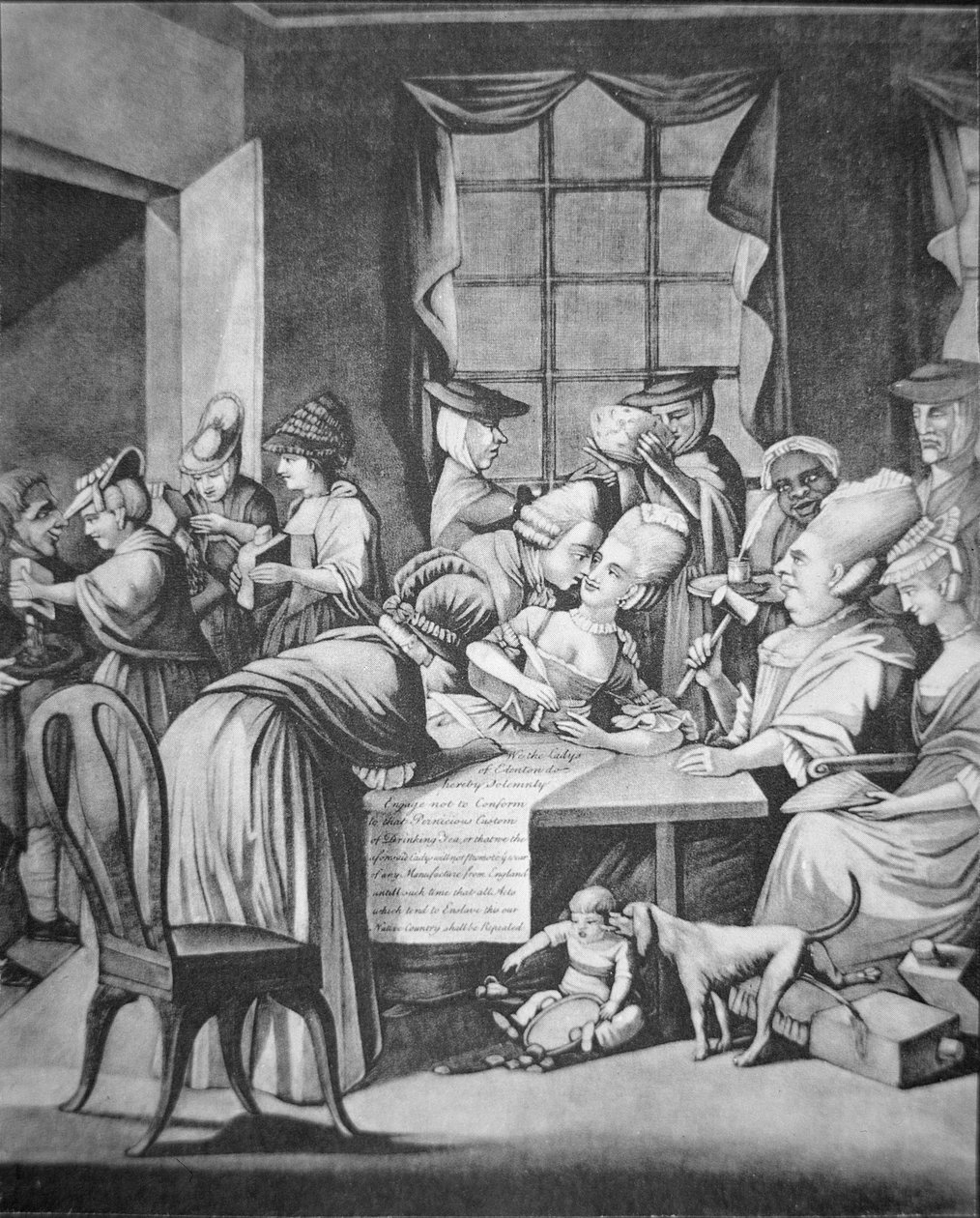 Patriotiske damer fra Edenton, South Carolina, signerer et løfte "Ikke å drikke mer te, og heller ikke bruke mer britisk tøy" (litho) av Philip Dawe