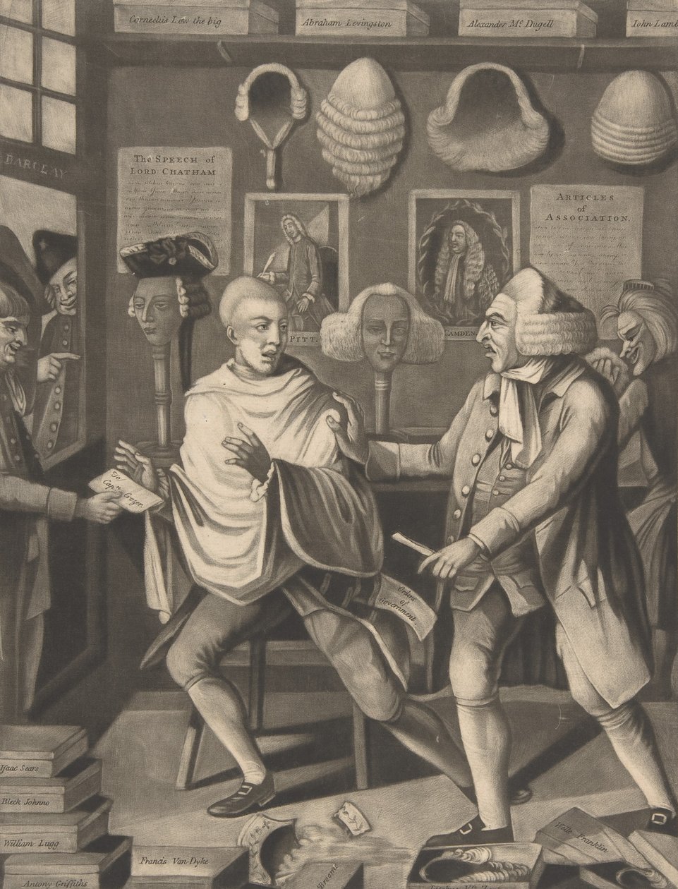The Patriotick Barber of New York, eller Captain in the Suds, 14. februar 1775. av Philip Dawe.