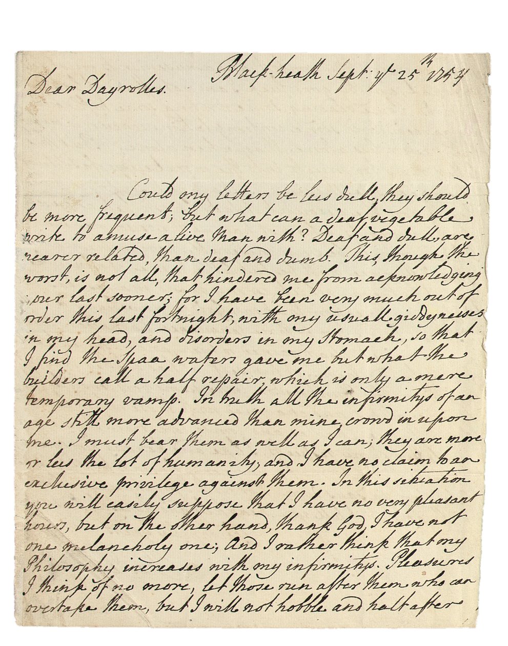 Autografbrev til Solomon Dayrolles, Blackheath, 25. september 1754 (penn og blekk på papir) av Philip Dormer Stanhope Chesterfield