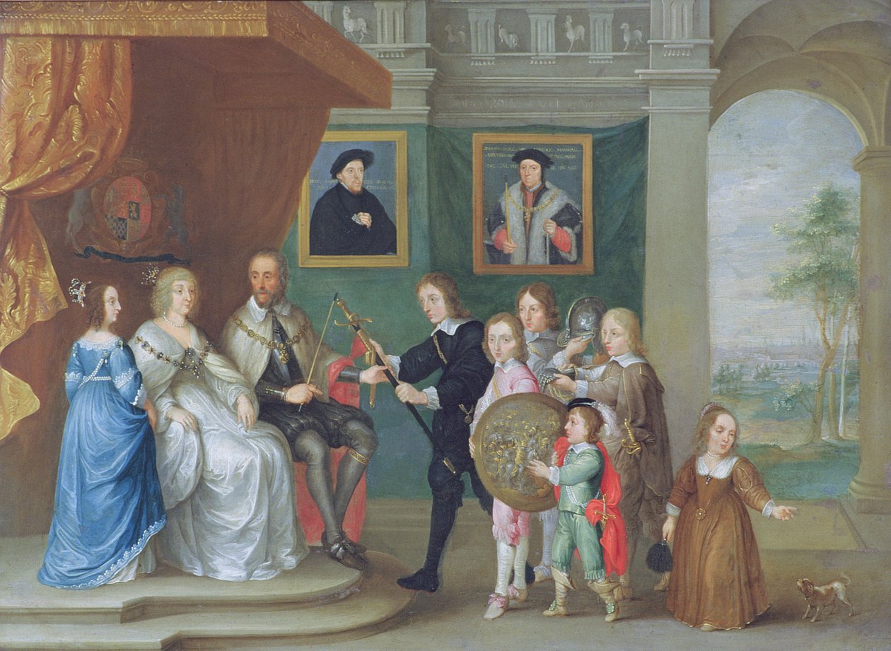 Thomas Howard, 14. jarl av Arundel blir presentert med våpen av barna sine for å markere utnevnelsen hans til å lede hæren mot Skottland i 1639 (olje på kobber) av Philip Fruytiers