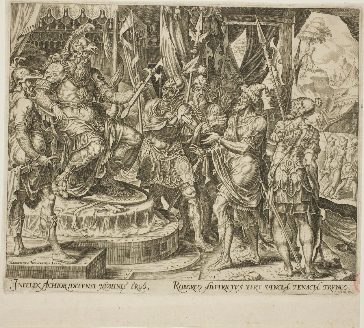 Achior bønnfaller Holofernes for israelittene, plate 1 fra The Story of Judith and Holofernes av Philip Galle