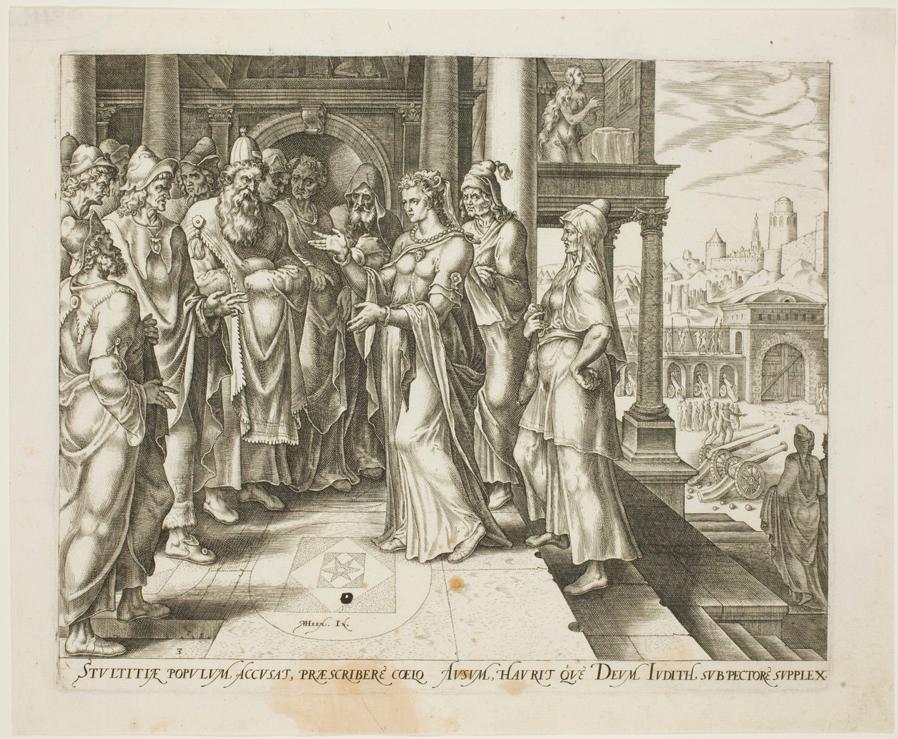 Judith Addressing the Elders of Bethulia, plate tre fra The Story of Judith and Holofernes av Philip Galle