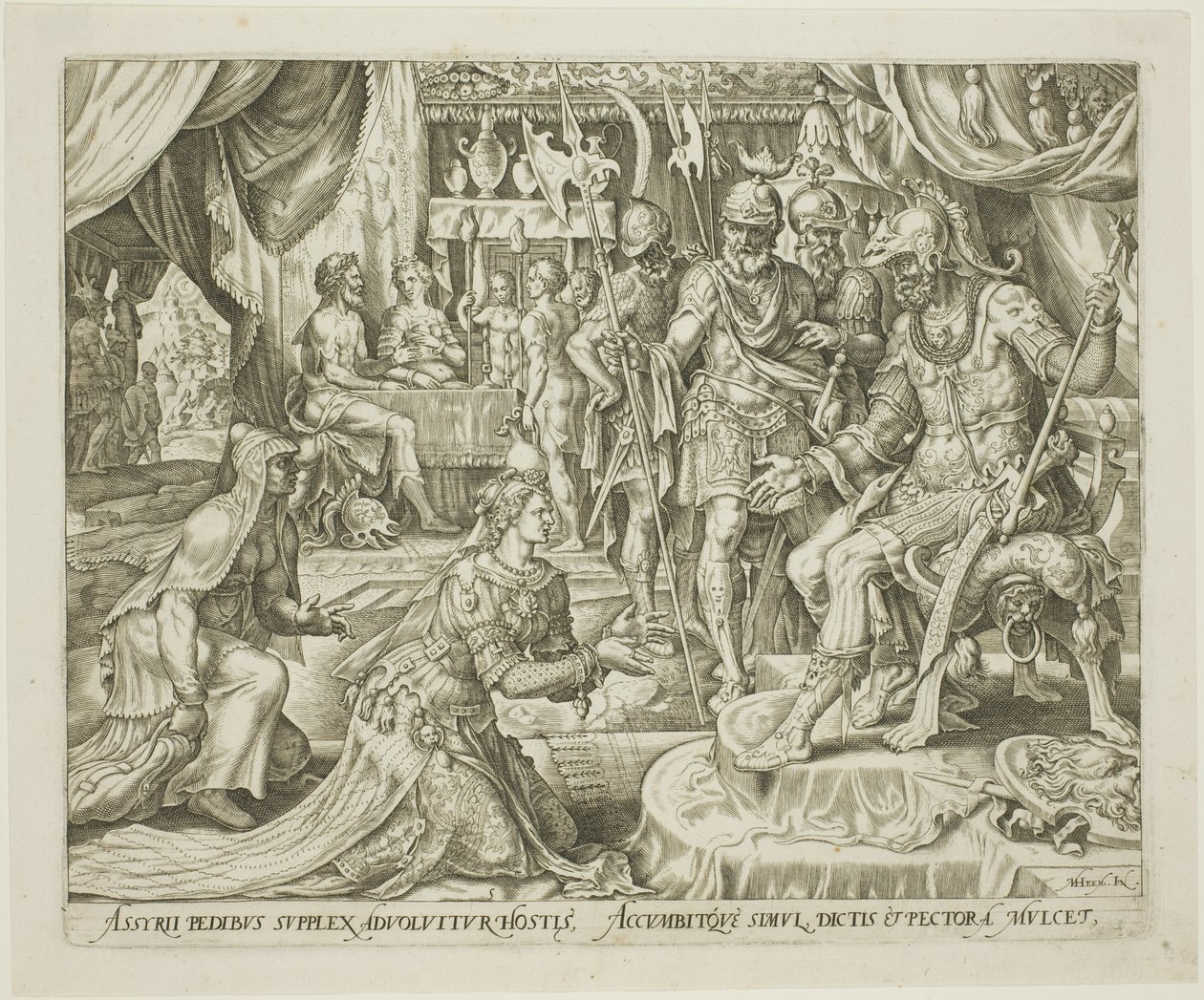 Judith Presentert for Holofernes, plate fem fra The Story of Judith and Holofernes av Philip Galle