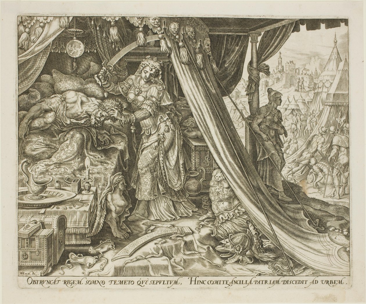Judith Slaying Holofernes, plate seks fra The Story of Judith and Holofernes av Philip Galle