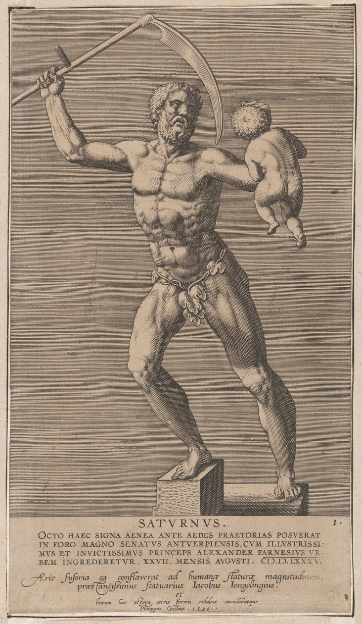Plate 1: Saturn, statue av den nakne guden som står på en sokkel og holder en ljå på høyre side..., 1586. av Philip Galle