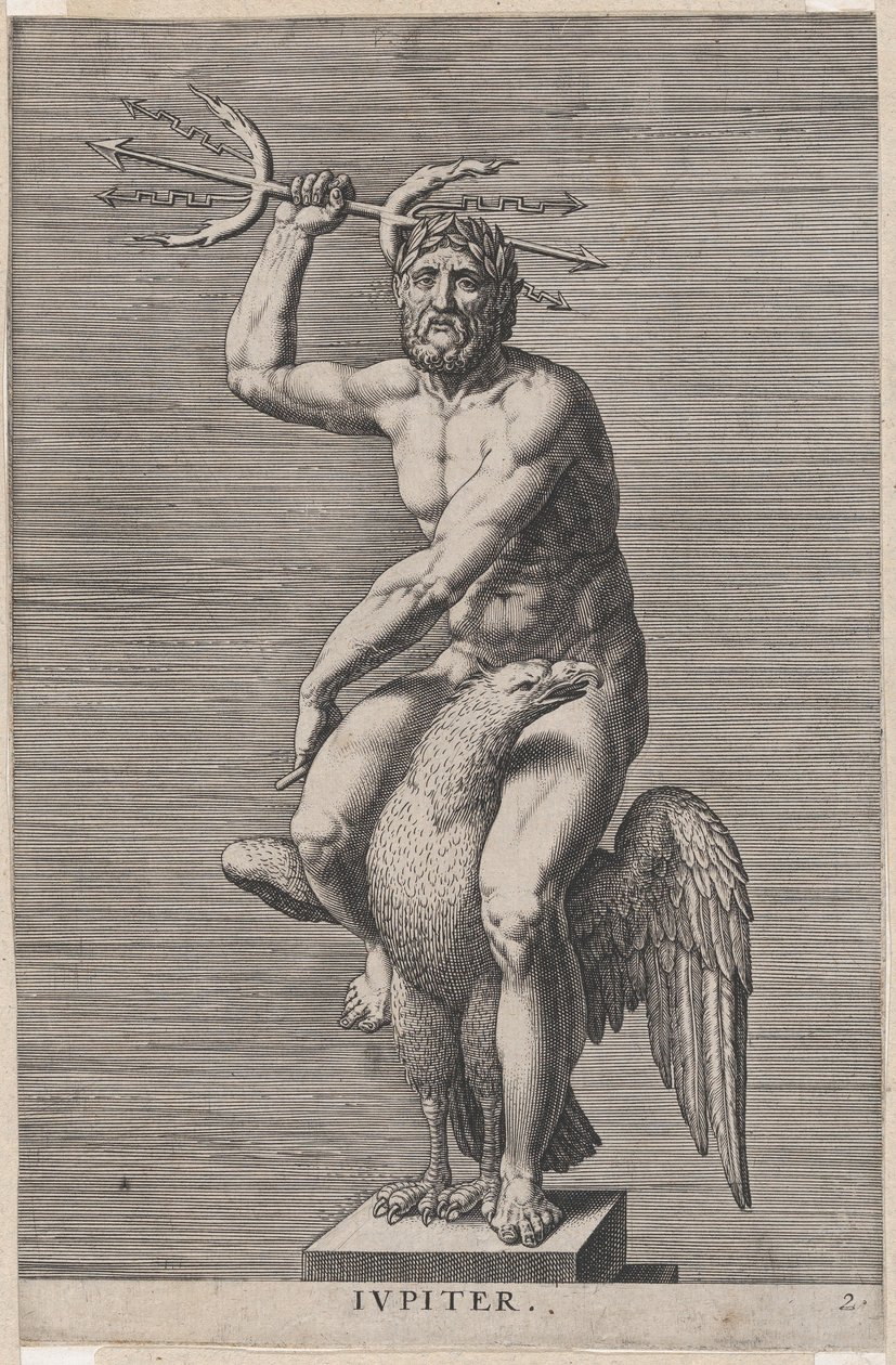 Plate 2: Jupiter, statue av den nakne guden som sitter på en ørn og holder en dobbel trefork, fra..., 1586. av Philip Galle