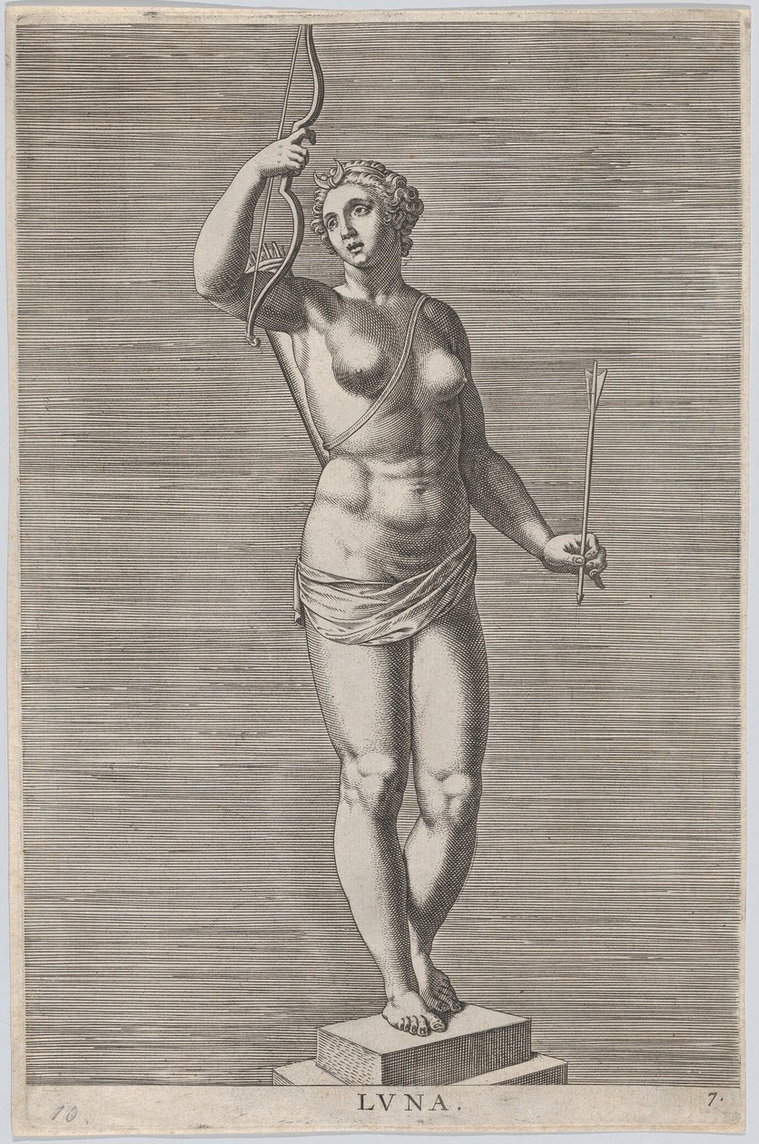 Plate 7: Diana, statue av den nakne gudinnen som står på en sokkel, iført en halvmåne i..., 1586. av Philip Galle
