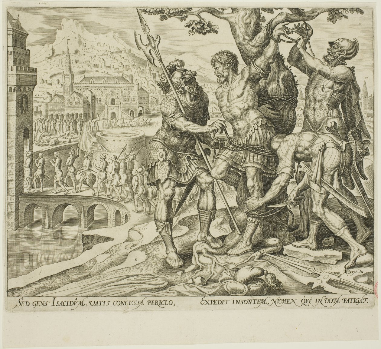 Israelittene finner Achior bundet til et tre, plate to fra historien om Judith og Holofernes av Philip Galle