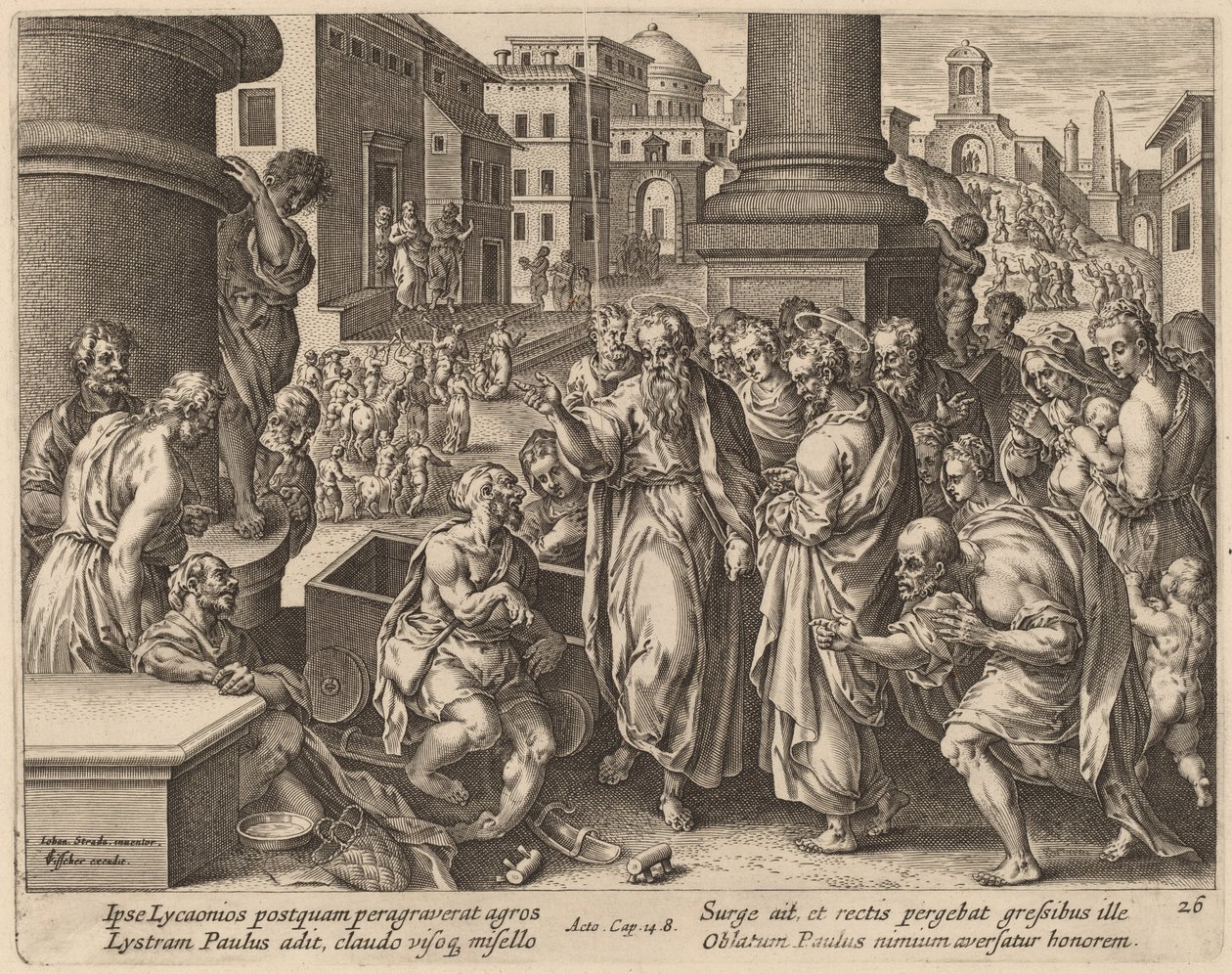 Saint Paul helbreder den lamme mannen i Lystra av Philip Galle after Jan van der Straet