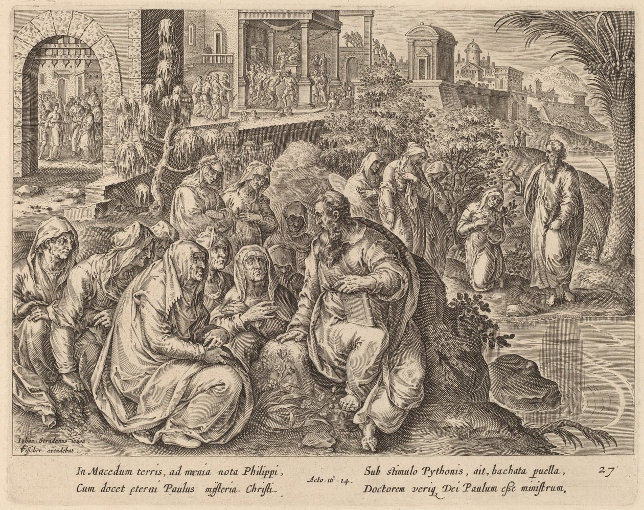 Saint Paul taler til kvinnene i Filippi ved en elv av Philip Galle after Jan van der Straet