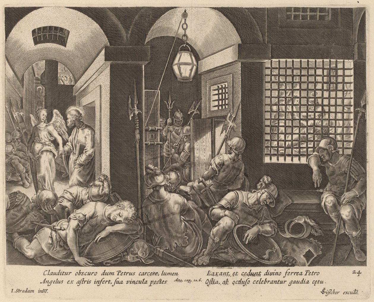 Sankt Peter utfridd fra fengselet av en engel av Philip Galle after Jan van der Straet