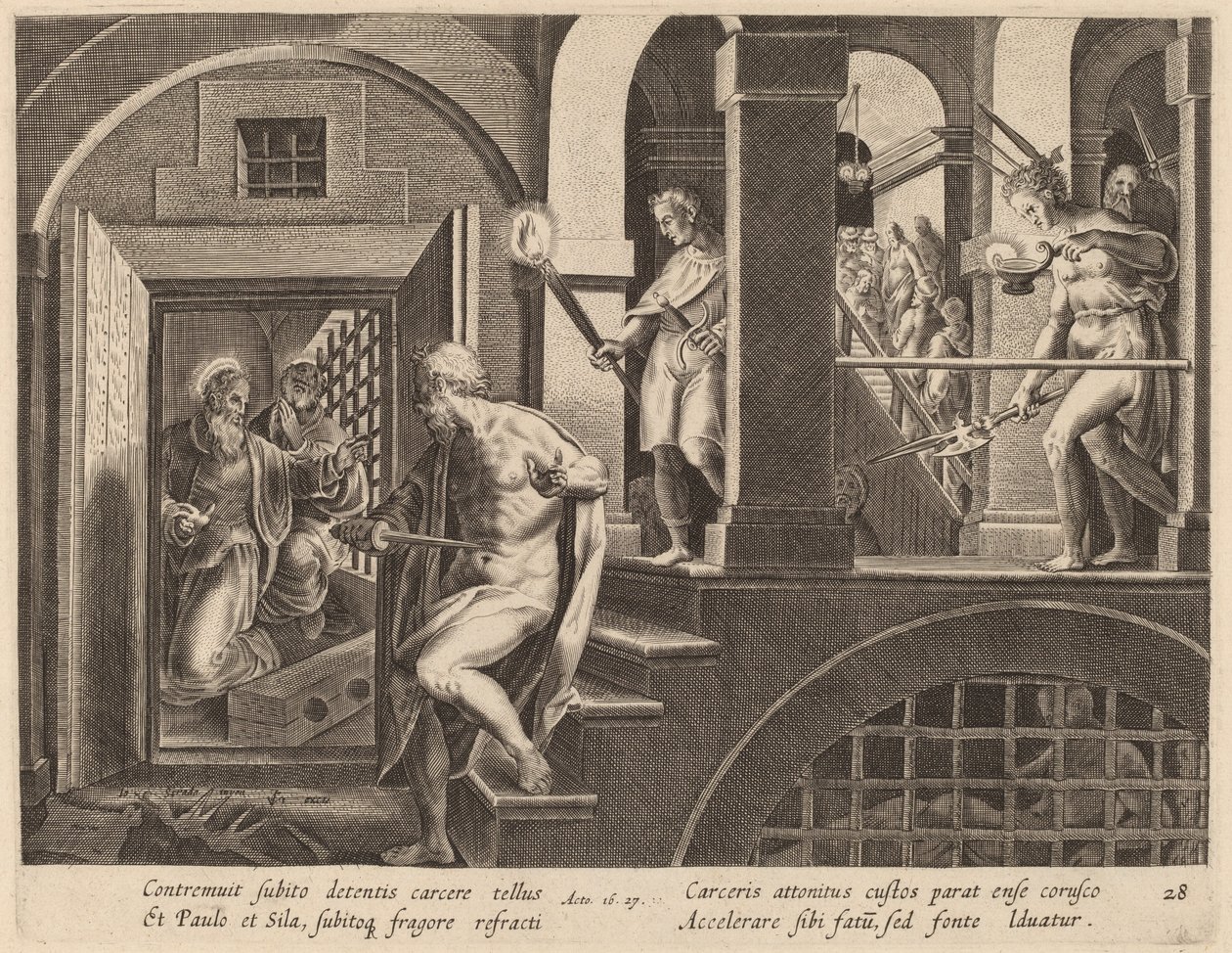 Fangevokteren i ferd med å drepe seg selv, konvertert av Saint Paul av Philip Galle after Jan van der Straet