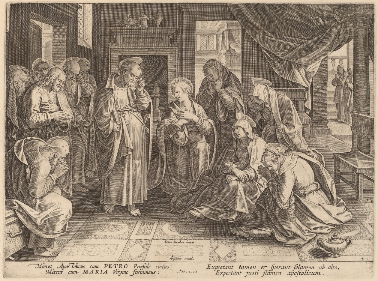 Apostlenes og kvinnenes møte i overrommet av Philip Galle after Jan van der Straet