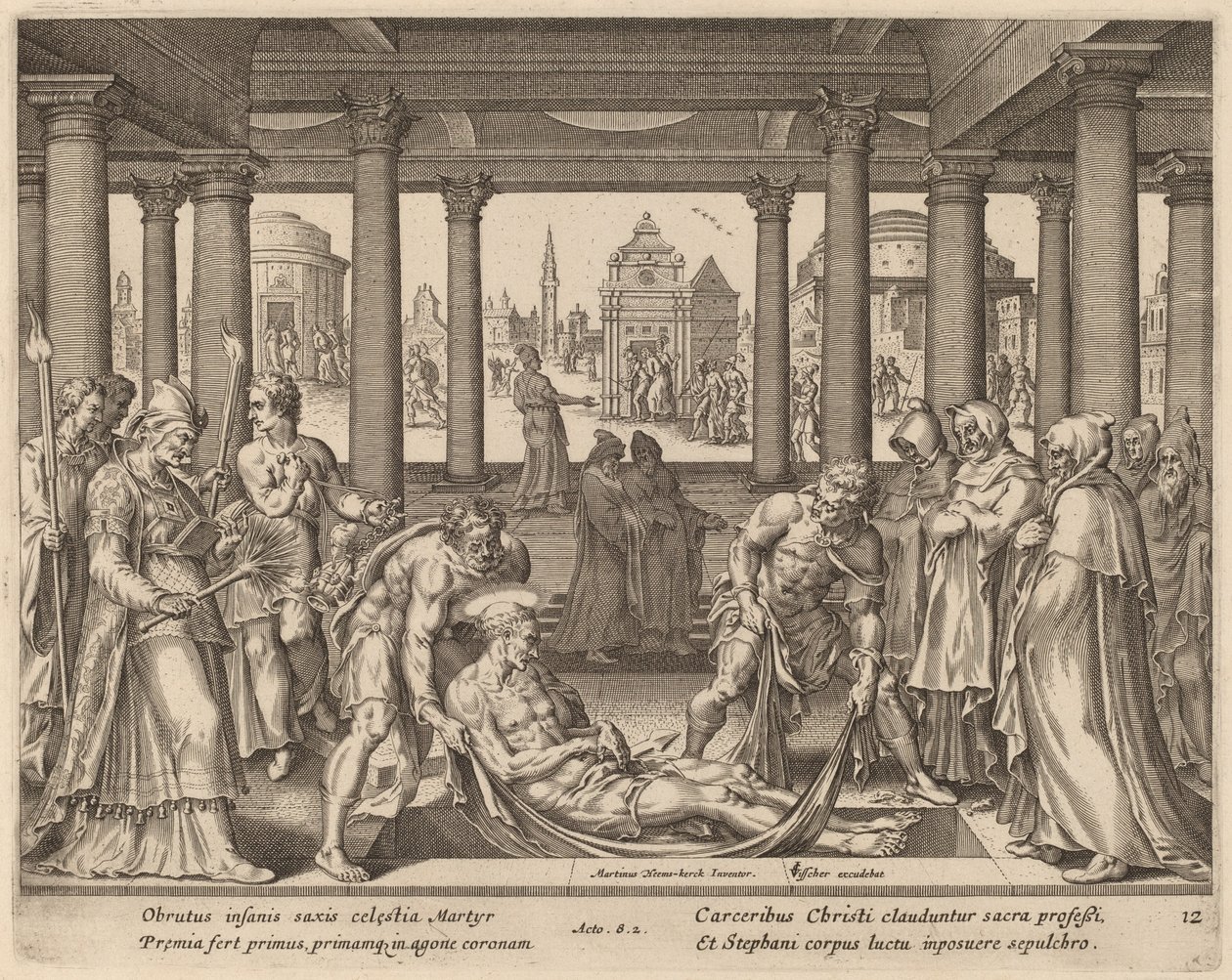 fromme menn som bærer den hellige Stefan til begravelsen hans av Philip Galle after Maerten van Heemskerck
