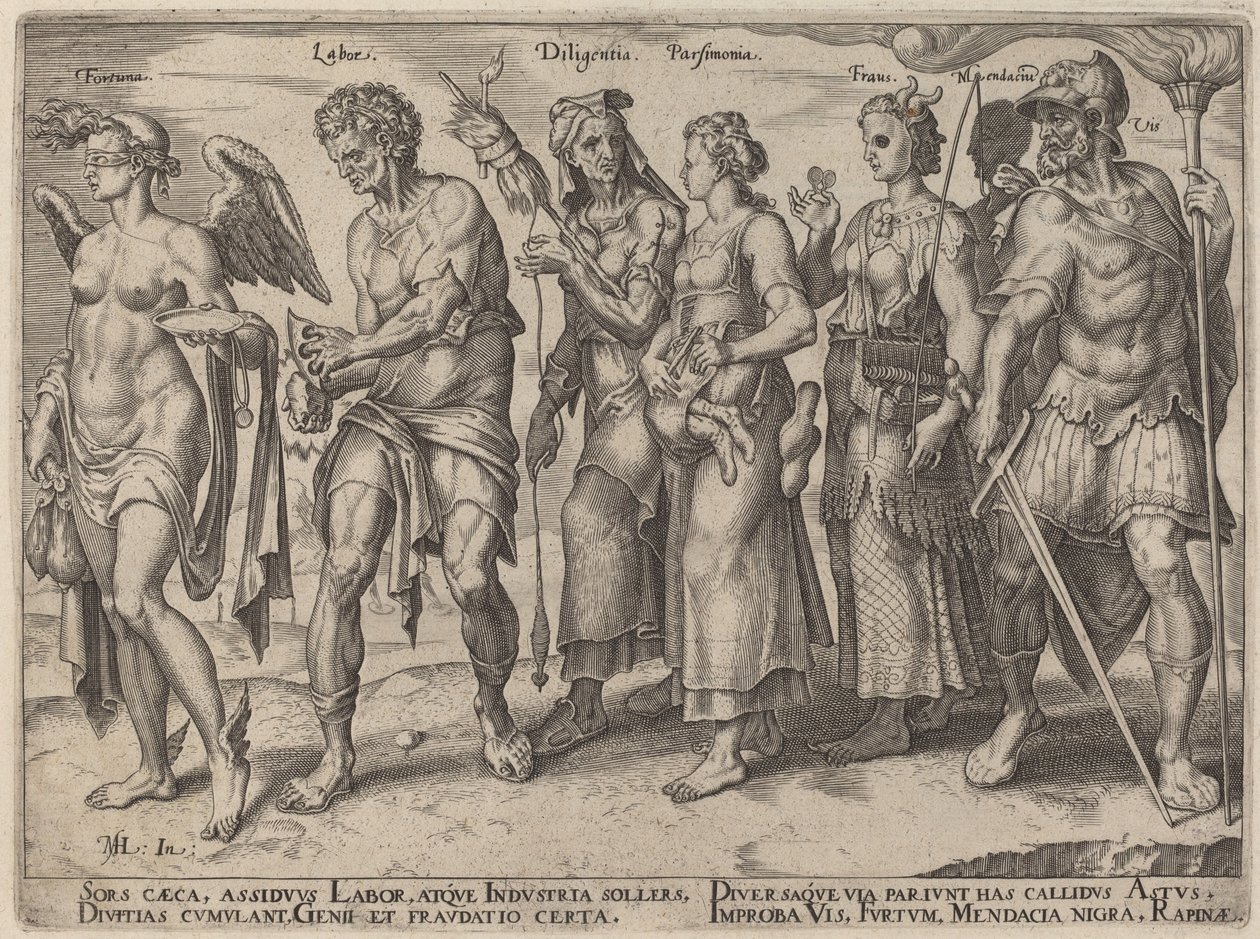 Flaks, arbeid, flid, sparsommelighet, svindel (ærlige og uærlige måter å bli rik på) av Philip Galle, after Maerten van Heemskerck