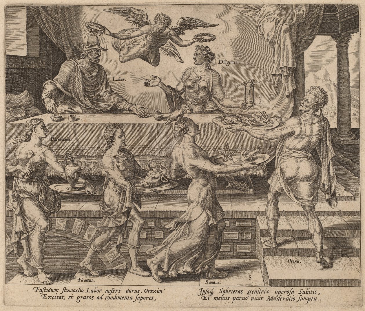 Arbeid og flid nyter sitt enkle måltid av Philip Galle after Maerten van Heemskerck