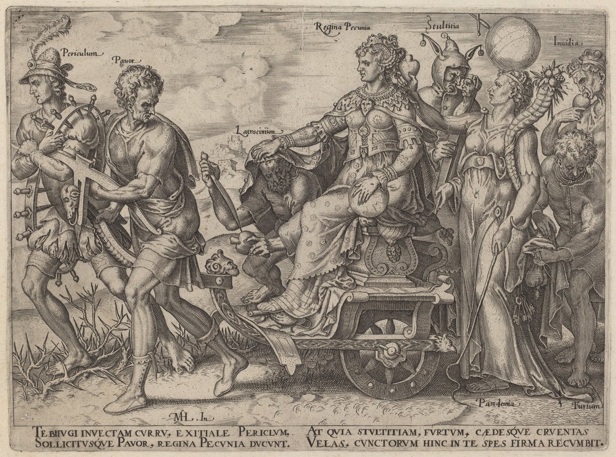 Fare, fattige, ran, dronning av penger, dårskap, misunnelse (farer og laster som følger med rikdom) av Philip Galle, after Maerten van Heemskerck
