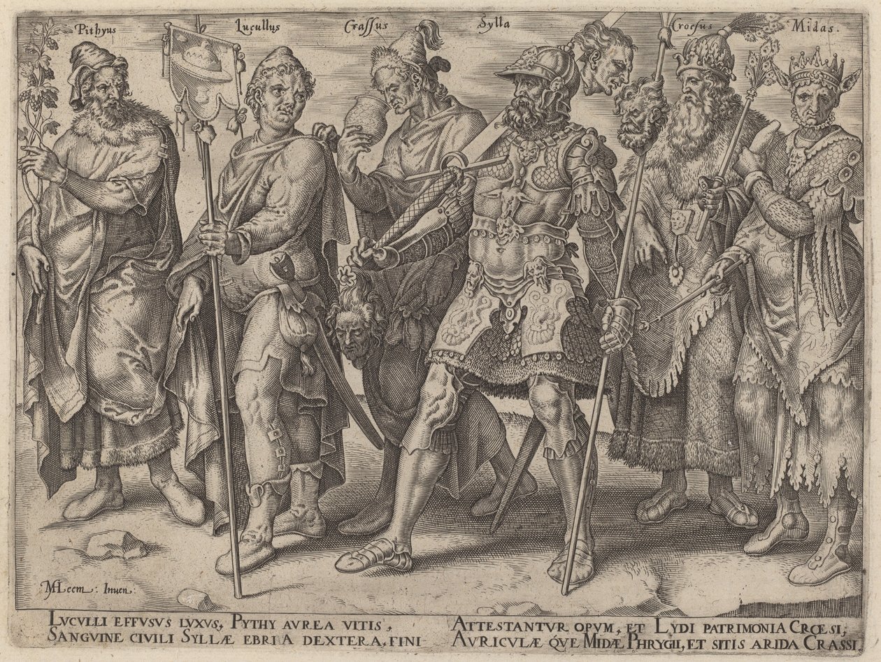 Pythius, Lucullus, Crassus, Sylla, Croesus, Midas (beryktede eksempler på rikdom fra antikken) av Philip Galle, after Maerten van Heemskerck