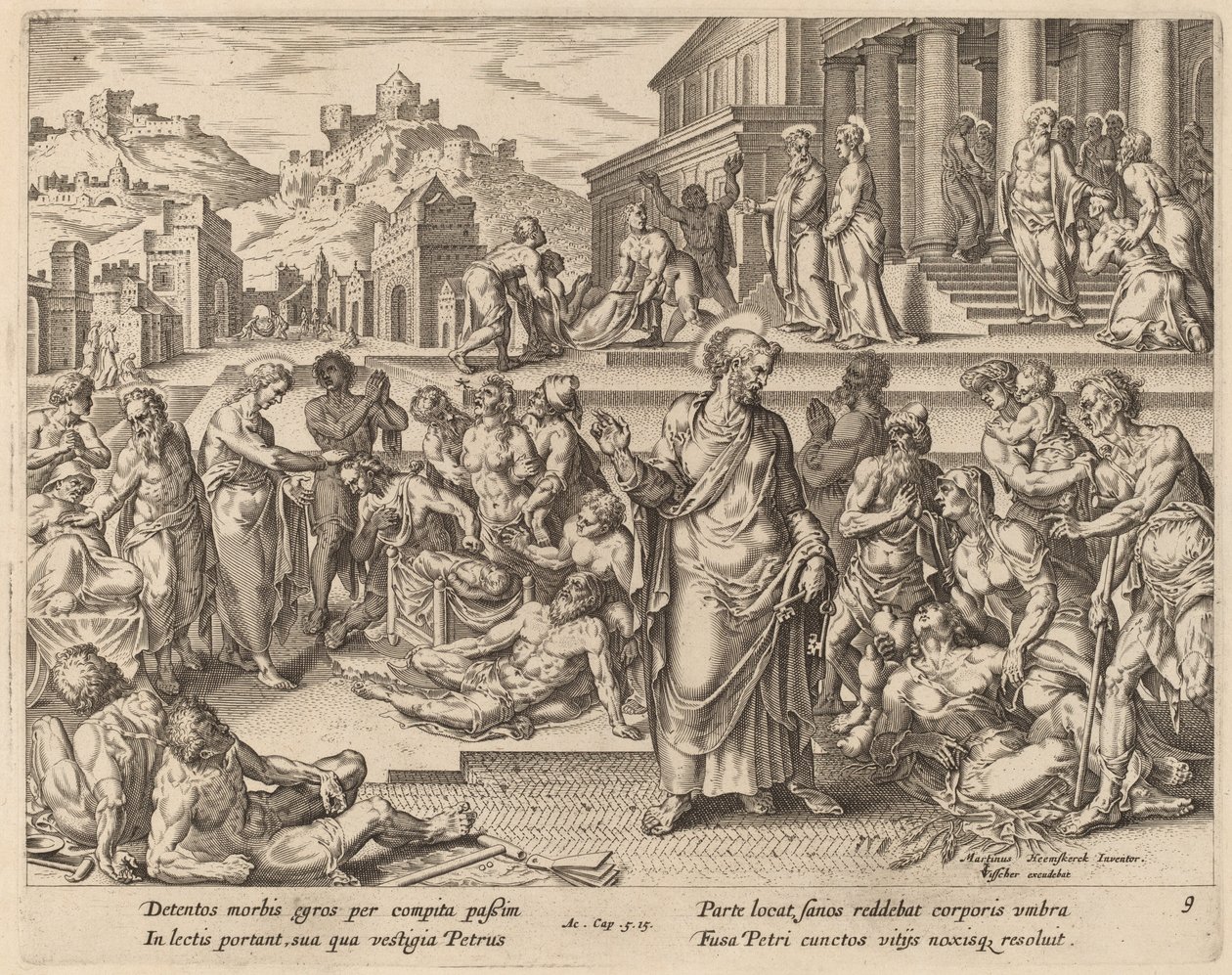 Saint Peter helbreder de syke med sin skygge av Philip Galle after Maerten van Heemskerck