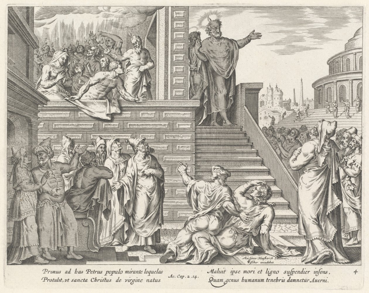 Sankt Peter taler til folket om Kristus av Philip Galle after Maerten van Heemskerck