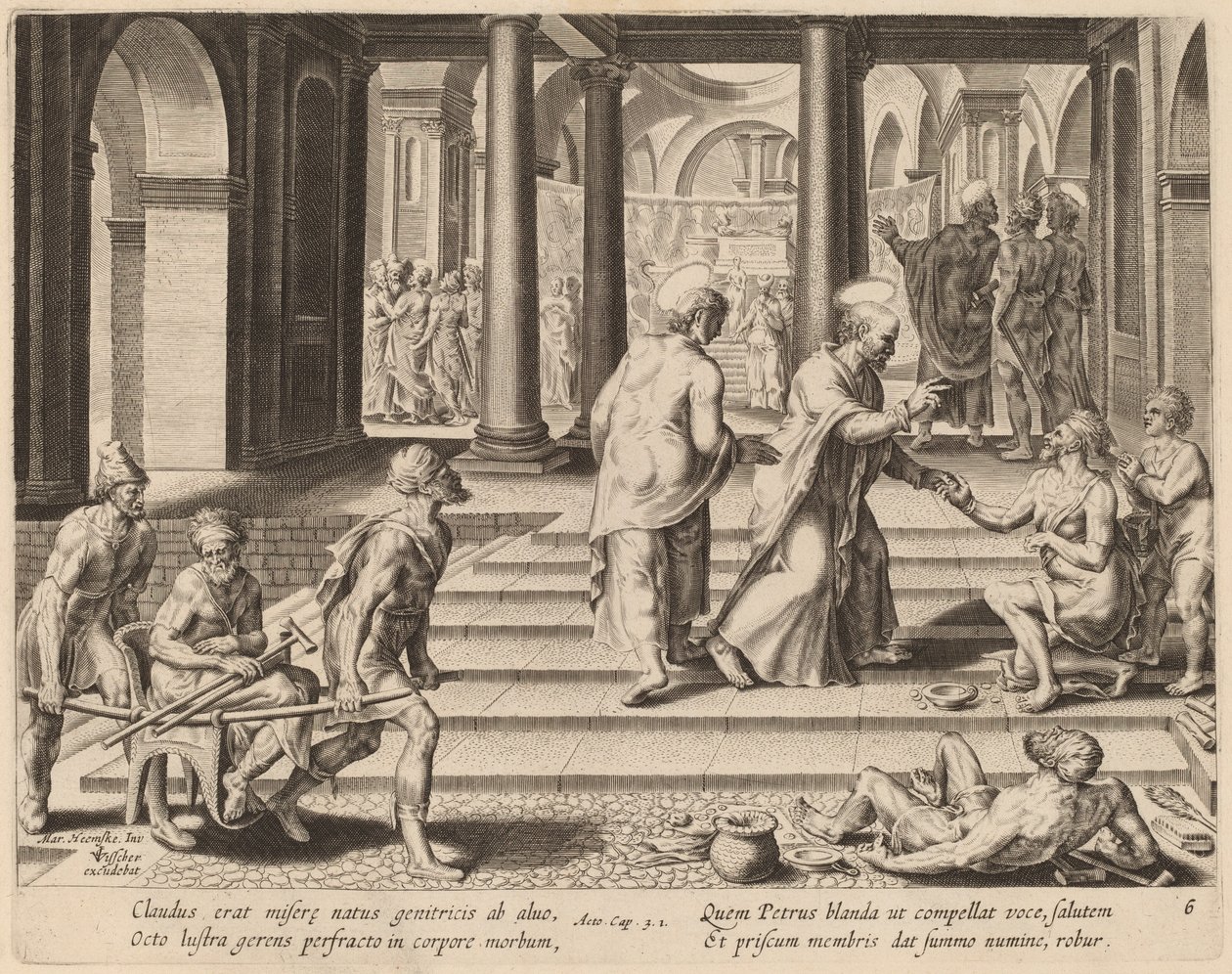 De hellige Peter og Johannes helbreder en krøpling ved tempelporten av Philip Galle after Maerten van Heemskerck