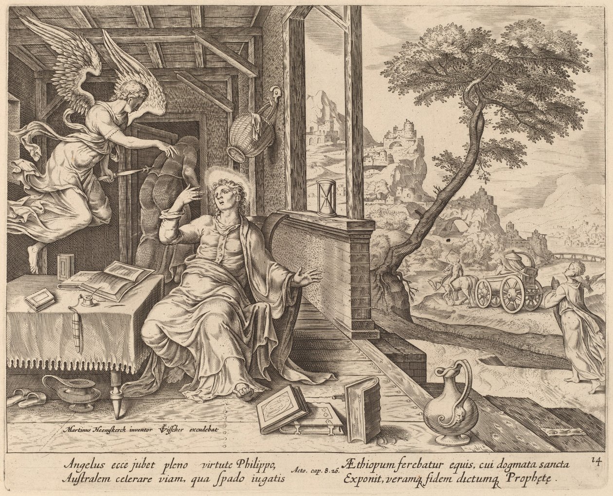 Engelen beordrer Saint Philip til å følge den etiopiske evnukken av Philip Galle after Maerten van Heemskerck