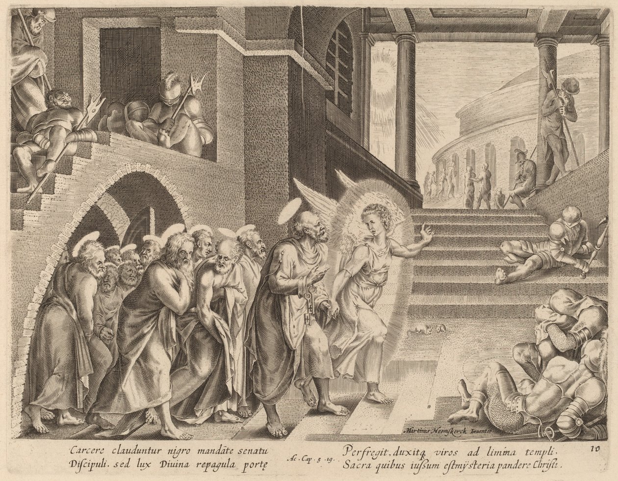Apostlene utfridd fra fengselet av en engel av Philip Galle after Maerten van Heemskerck