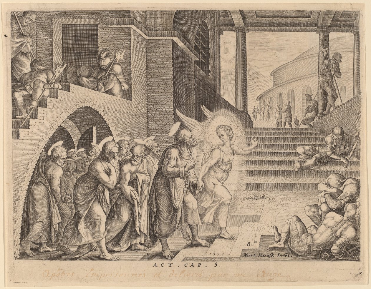 Apostlene utfridd fra fengselet av en engel av Philip Galle after Maerten van Heemskerck