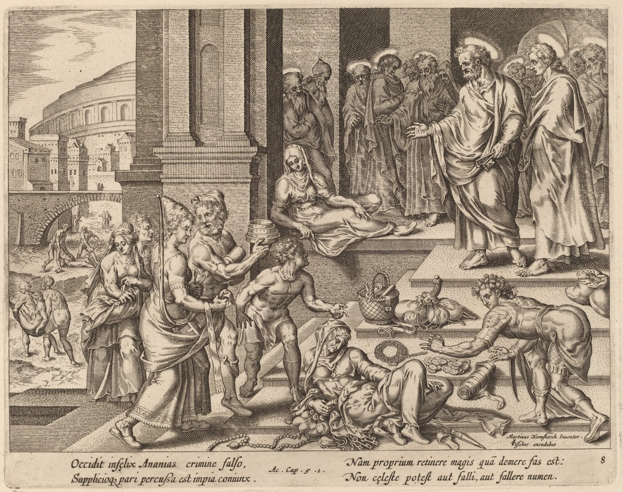 Ananias og Saffiras død av Philip Galle after Maerten van Heemskerck