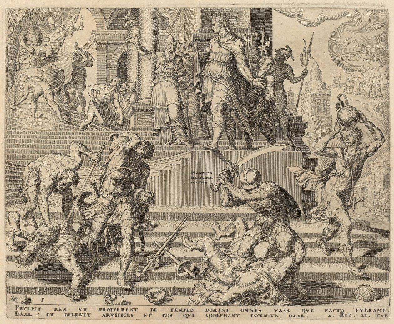 Ødeleggelsen av Ba'als tempel og slaktingen av hans prester av Philip Galle, after Maerten van Heemskerck