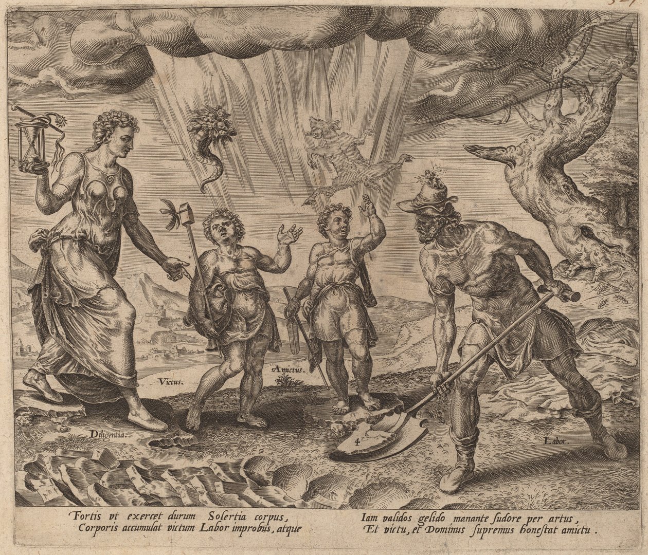 Herren gir den flittige arbeideren mat og klær av Philip Galle after Maerten van Heemskerck