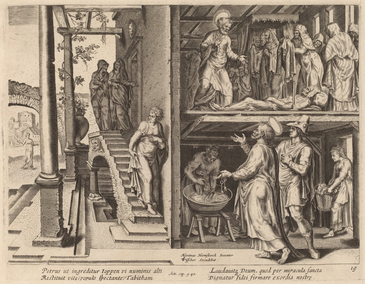 Oppdragelsen av Tabitha av Philip Galle after Maerten van Heemskerck