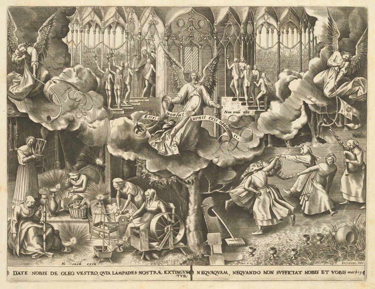 Lignelsen om de vise og tåpelige jomfruer av Philip Galle, after Pieter Bruegel the Elder